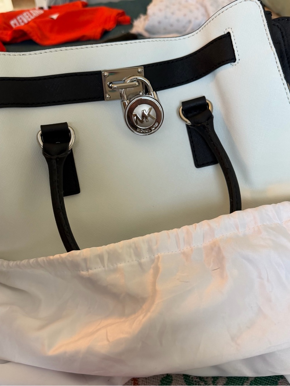 Michael Kors White & Black Saffiano Leather Hamilton Tote Bag | MK Lock